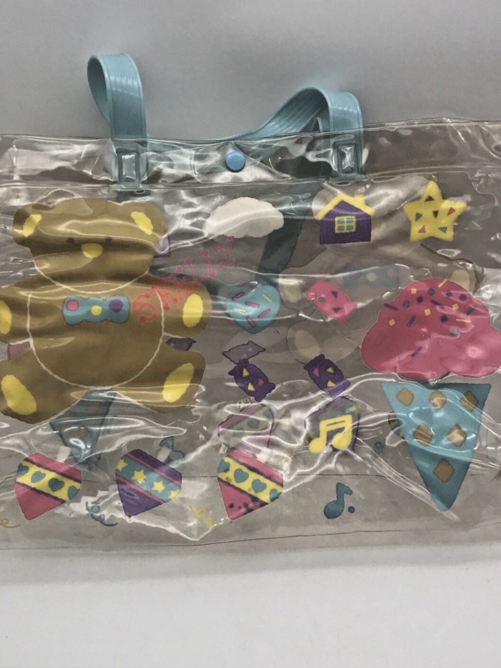 Vtg Sanrio Dee Dee Bear Clear Vinyl Plastic Bag 1988 Ink Stains Blue Handle Snap